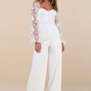Lulus White Jumpsuit with Sheer Floral Sleeves